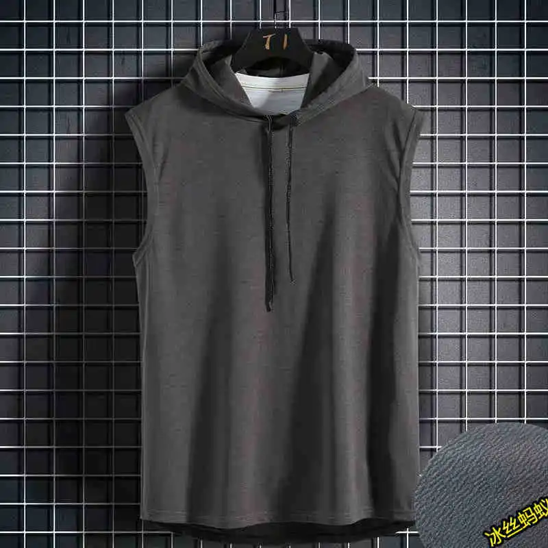 Men Tie Collar Hooded Sleeveless Vests Male Summer Loose Solid Hip Hop Tee Shirt Tops view 6