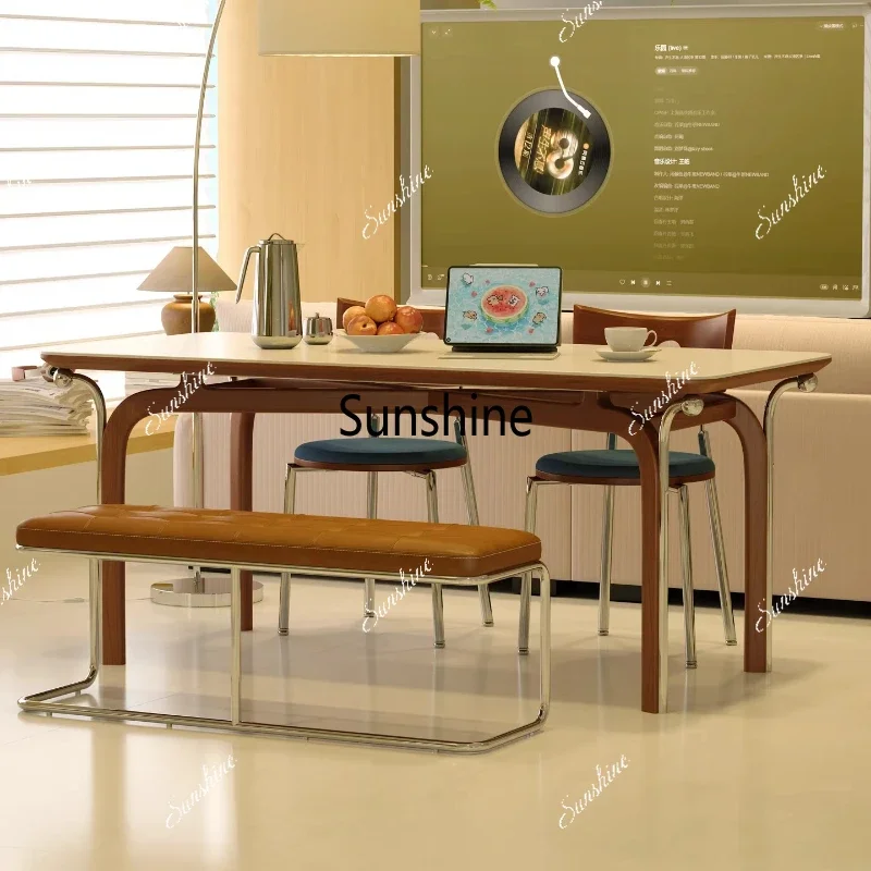 

Light luxury rock slab dining table retro style solid wood dining table medium ancient rectangular dining tableTJ
