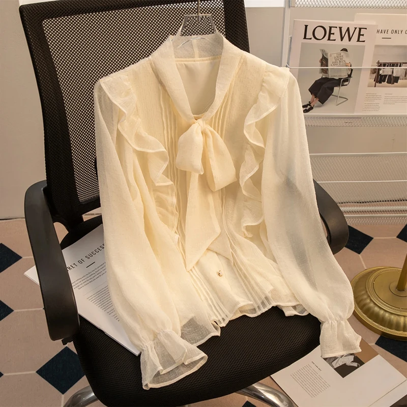 

Bow Women Chiffon Shirt Autumn Sweet Ruffles V Neck Button French Fashion Blouse Loose Casual Elegant Female Long Sleeve Tops