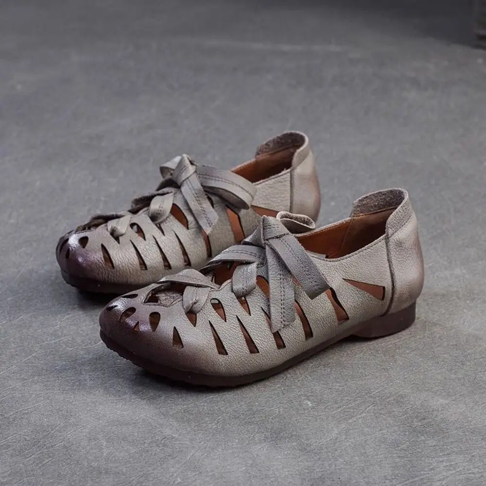 

Women Flat Heel Sandals Summer Handmade Retro Shoes Quality Genuine Leather Low Heel Woven Hollow Casual Roman Sandals