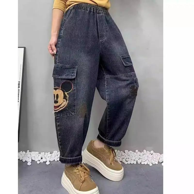 

Women's Mickey Patch Embroidery Jeans Vintage High Waist Slim Cropped Harem Lantern Pants Loose Casual for Spring Autumn