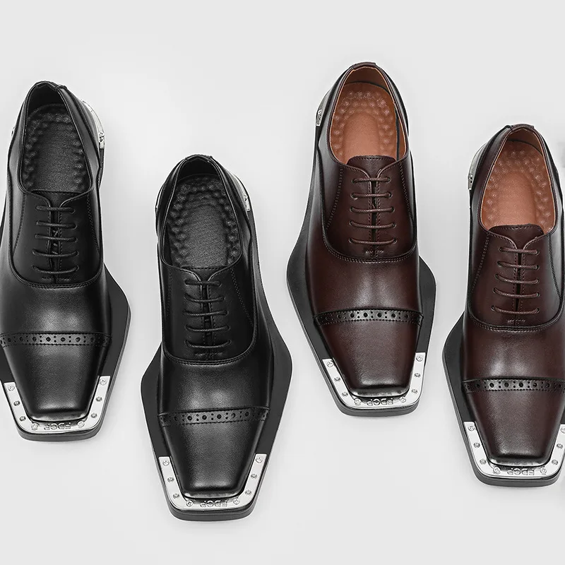 

Мужские деловые туфли-дерби 2026 года с квадратным носком, черные, с защитой от ударов, премиум-класса, с резным узором, из кожи Iron Head