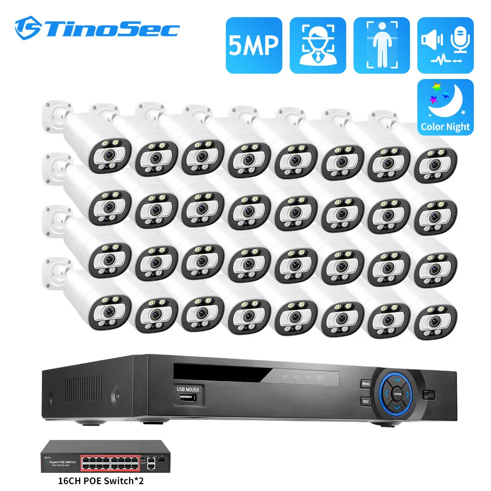 

TinoSec 32CH 5MP Security Surveillance Kit 5MP PoE Camera Kit Smart AI Detection Night Vision Playback H.265 CCTV Camera System