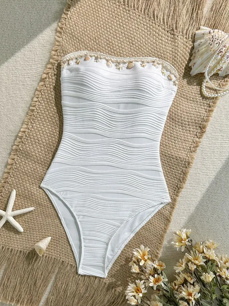 Cikini Sexy One-Piece Swimsuit Solid Color Textured Seashell Starfish Pendant Detachable Strapless Halter Backless Hollow Out