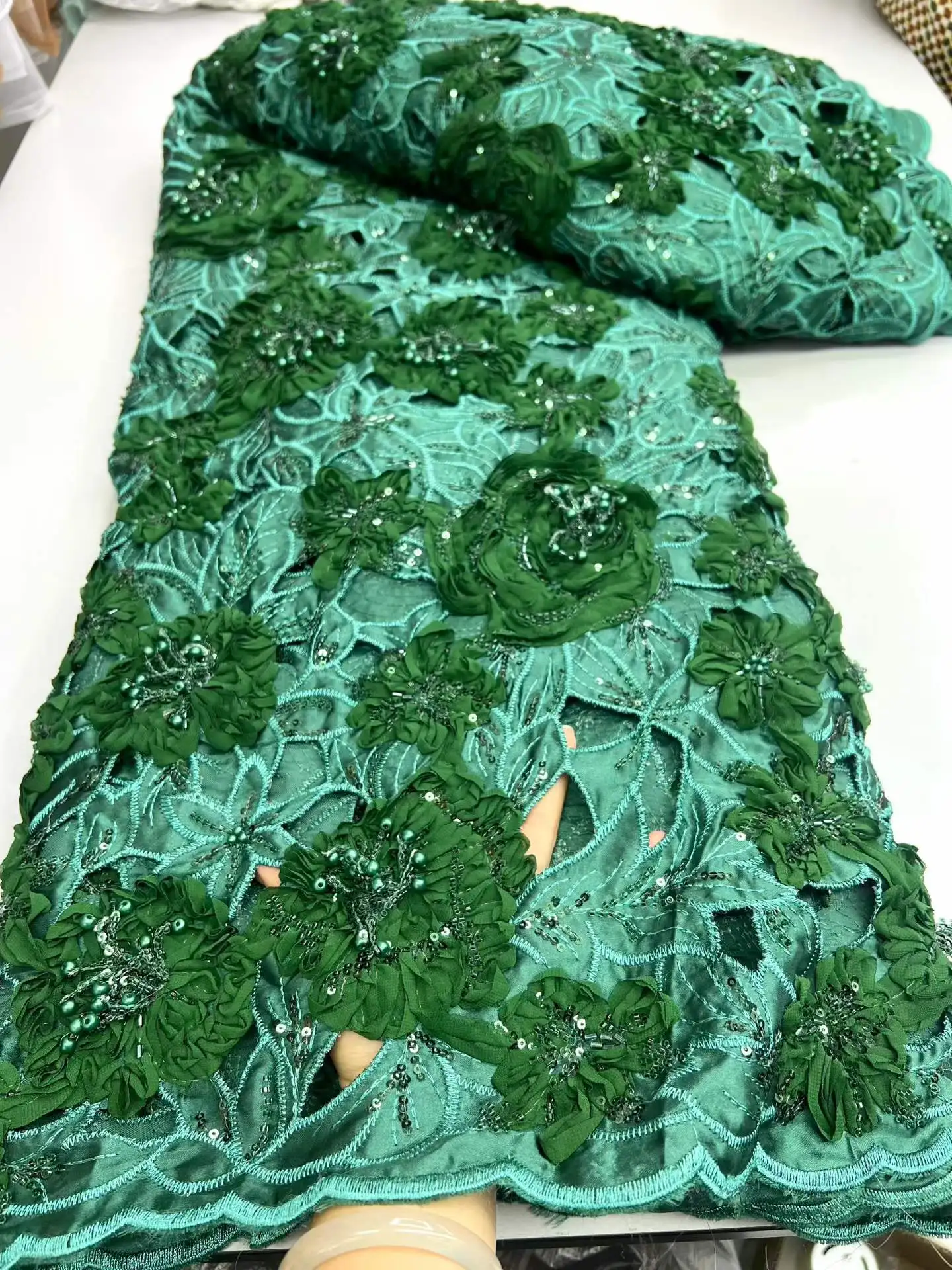 High Quality French Lace Fabric African Beaded Embroidered 3D Nigerian Sequins Tulle 5 Yards for Sewing Party Dresses