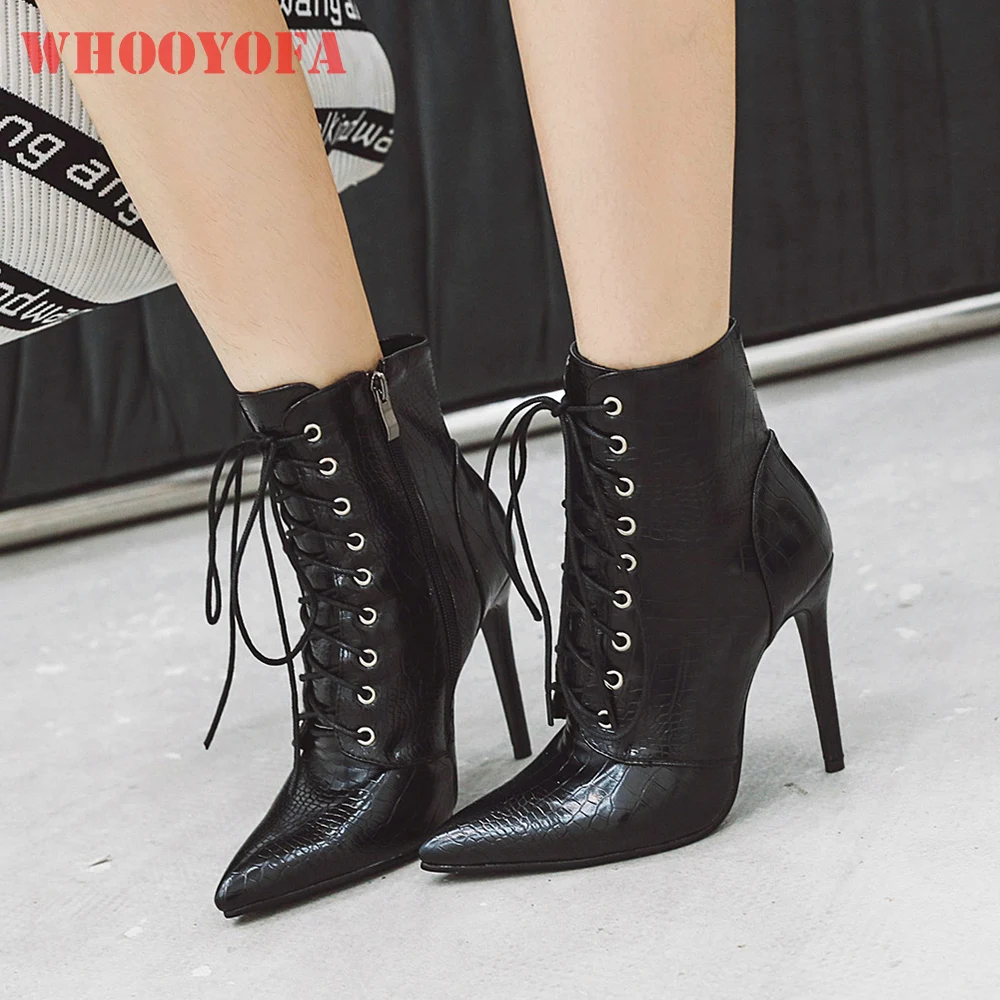 

Spring New Glossy Red Black Women Ankle Boots Hot 10 cm Super High Thin Heels Lady Dress Shoes Plus Big Size 10 42 47 48