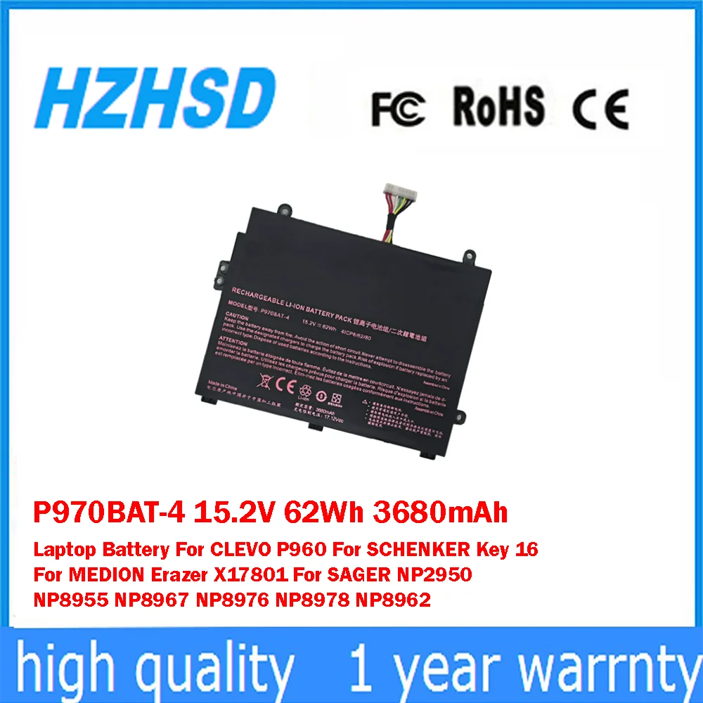 

P970BAT-4 15.2V 62Wh 3680mAh Laptop Battery For CLEVO P960 For SCHENKER Key 16 For MEDION Erazer X17801 For SAGER NP2950 NP8955