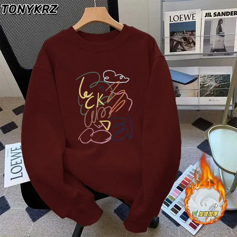 White Gray Internet Celebrity Round Neck Pullover Hoodie with Fleece Warm Jacket for Women