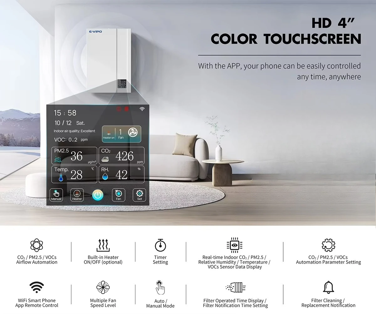 

EVIPO Ductless ERV Recuperator Energy Recovery Ventilation System Air Purifier Heat Recovery Unit Fresh Air Ventilation