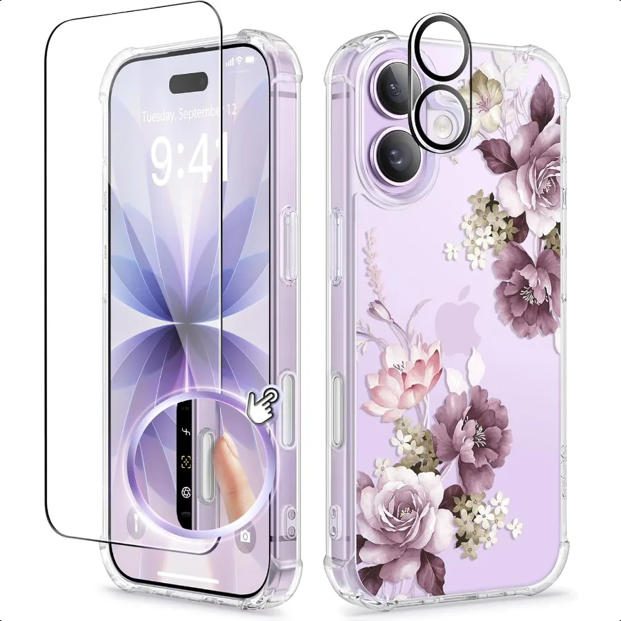 

Чехол GVIEWIN для iPhone 17, защитная пленка для экрана + защитная пленка для объектива камеры [не желтеющий] прозрачный тонкий противоударный защитный чехол с цветочным принтом H