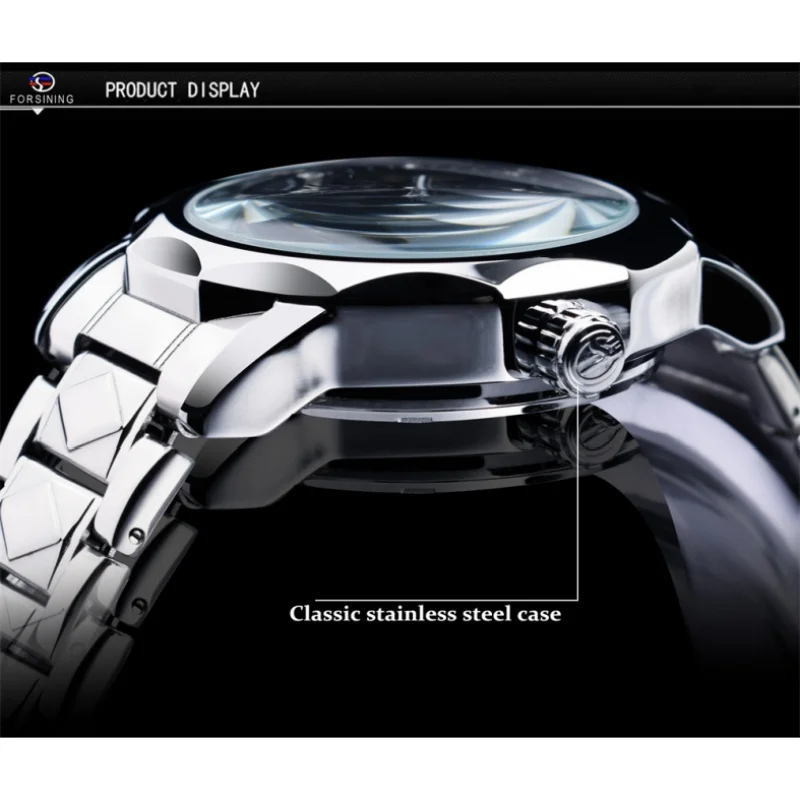 Forsining 199A Top Fashion Men\'s Automatic Mechanical Watches Luxury Skeleton Stainless Silver Steel Wrist Watch Clock Male Gift