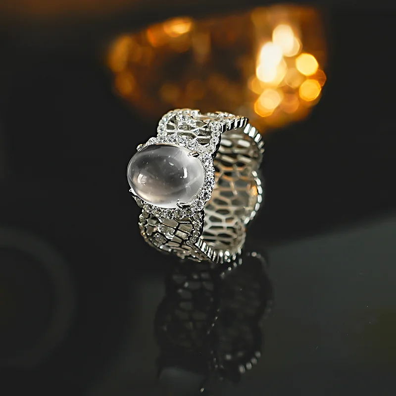 

New Chinese style hollow lace water foam jade 925 silver ring inlaid with high carbon diamond, niche and versatile temperament