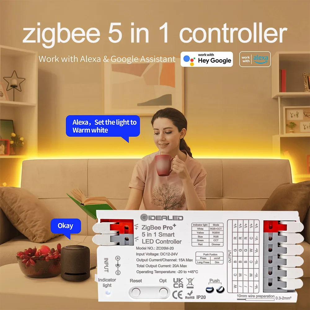 

Smart Zigbee LED Light Strip 5 In 1 Dimmer Controller RGBCCT/RGBW/RGB/CCT DC12-54V 6-Zone Remote Work with Tuya & Echo Plus