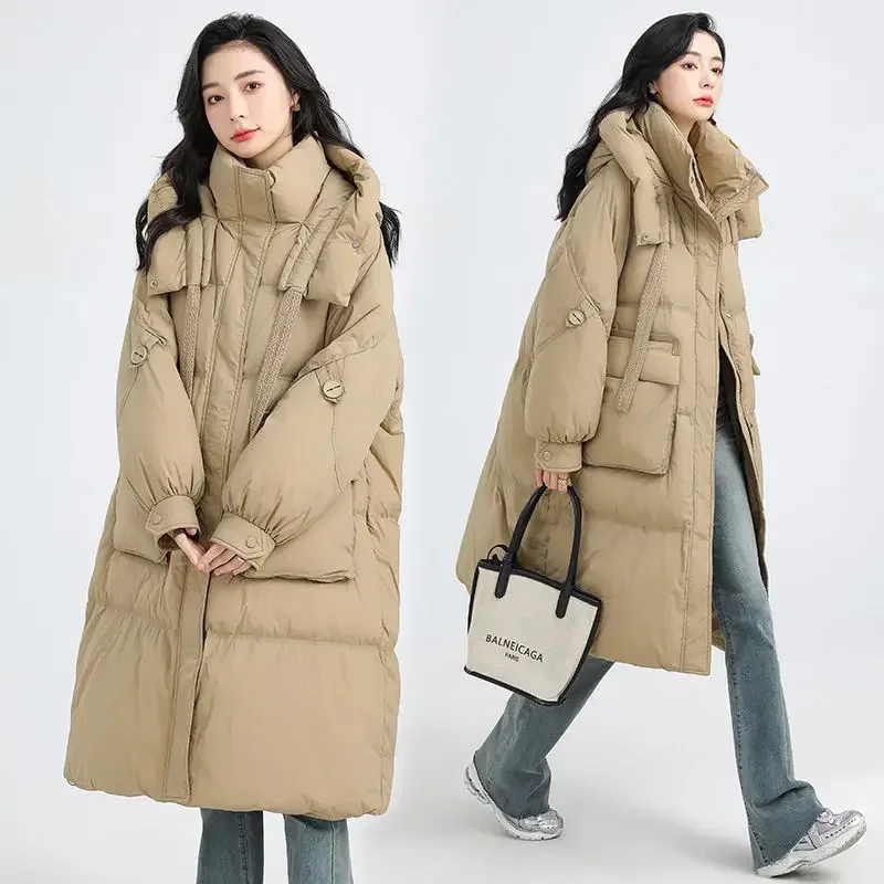 Veste doudoune ample à capuche en duvet de canard blanc pour femme, nouvelle collection hiver 2025