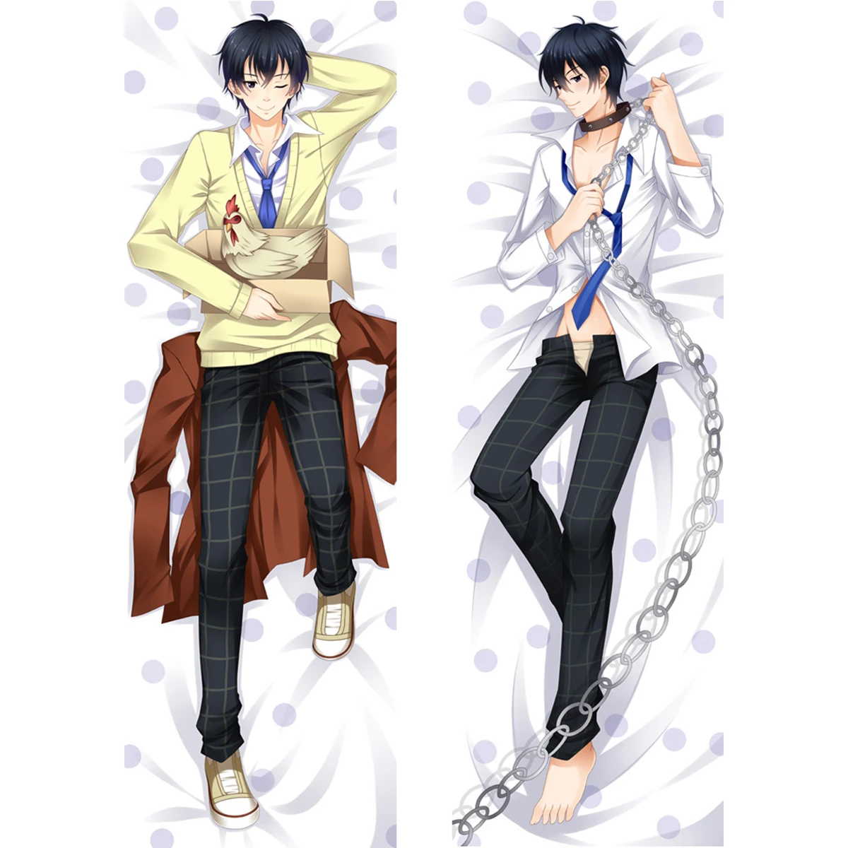 Anime Black Short Hair Blue Tie Yellow Sweater Vest Chicken Pet Boy Dakimakura Pillowcase Double Sided Long Body Pillow Cover