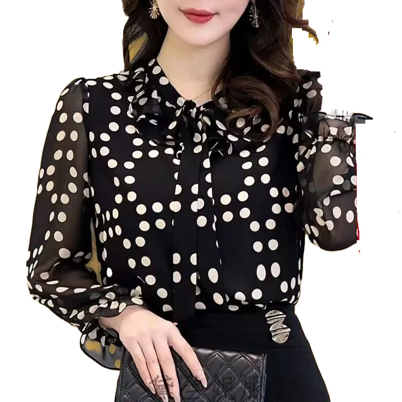 2023 New Spring and Summer Fashion Trend Commuting Simple and Elegant Style Spliced Ruffle Collar Lace Up Dotted Women\'s Shirt