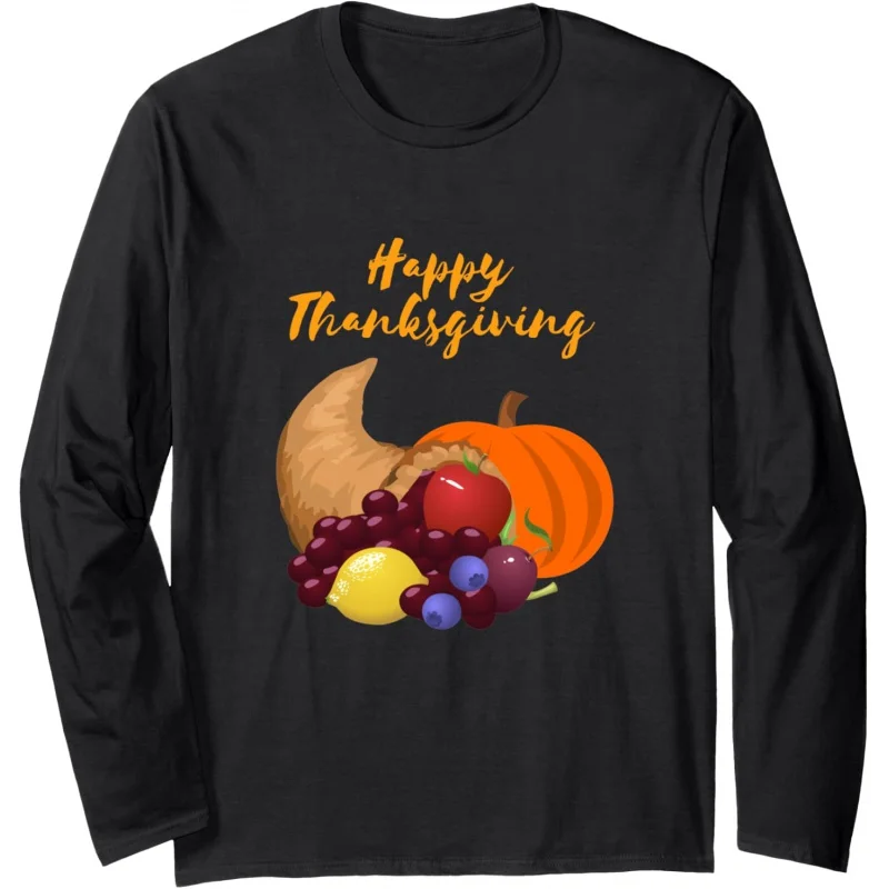 

Thanksgiving Men's and Women's Sports Leisure New Fashion Happy Treasure Pot Design Long Sleeve T-shirt Black