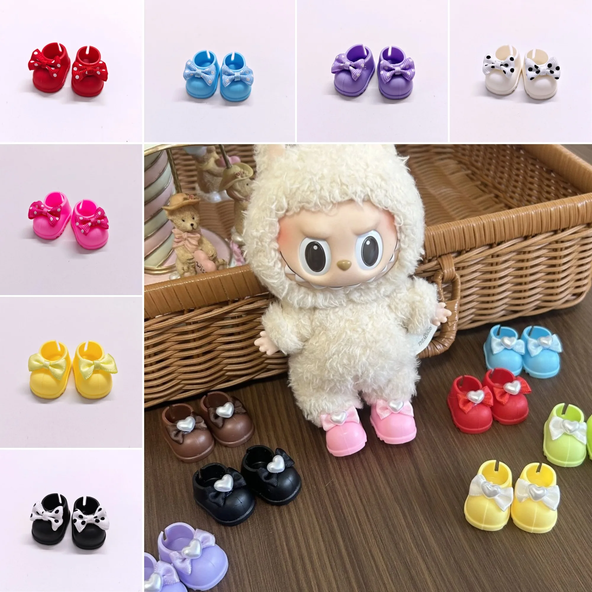 

Labubu Doll Polka Dot Rain Boots and Headphone For 15-17cm Labubu Colorful Beach Bow Shoes Sitting Party Accessories