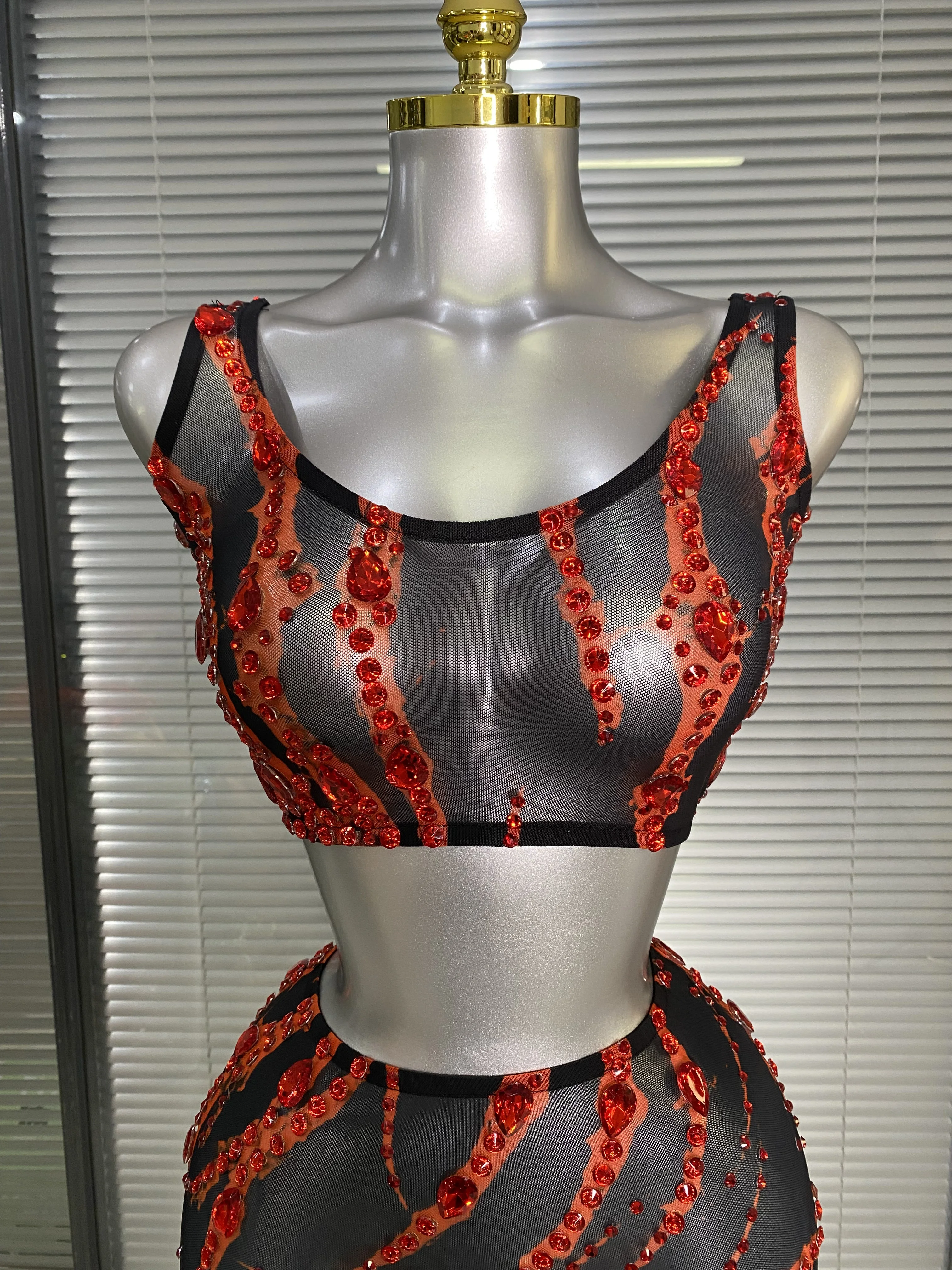 Luxury Women Sexy Sparkly Diamonds Mesh See Through Two Pieces Set Mini Birthday Dress Party Nightclub Performance Costume