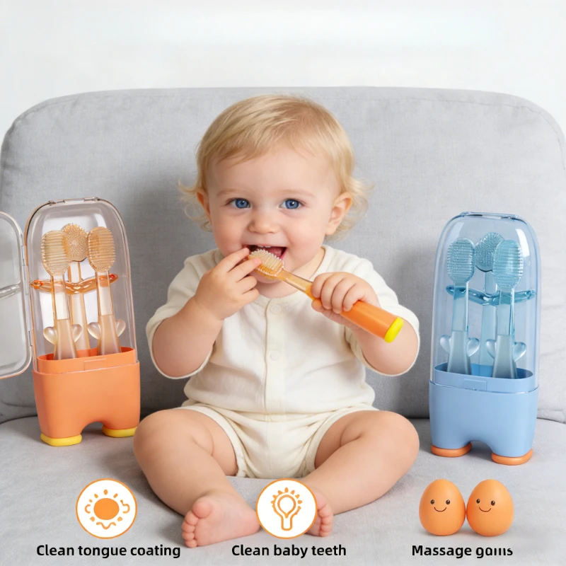

Baby Toothbrush Set with Storage Case - 3-in-1 Toddler Oral Care Tool (Clean Tongue/Teeth/Gum Massage), Safe Infant Toothbrush