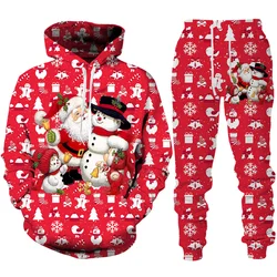 Divertente babbo natale stampa 3D tuta Set uomo donna felpa con cappuccio + pantaloni 2 pezzi Set moda oversize Casual festa di natale coppia vestiti