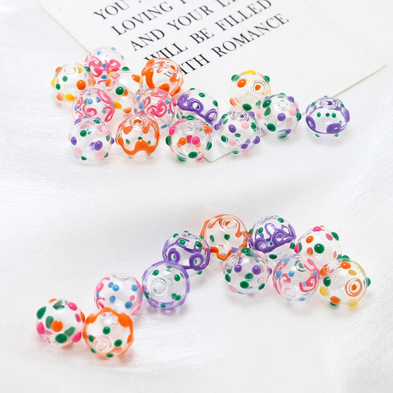 4pcs Ins Printing Glass Ball Ball Straight Hole Beads Diy Handmade Jewelry Bracelet Necklace Earring Accessories Material Charms