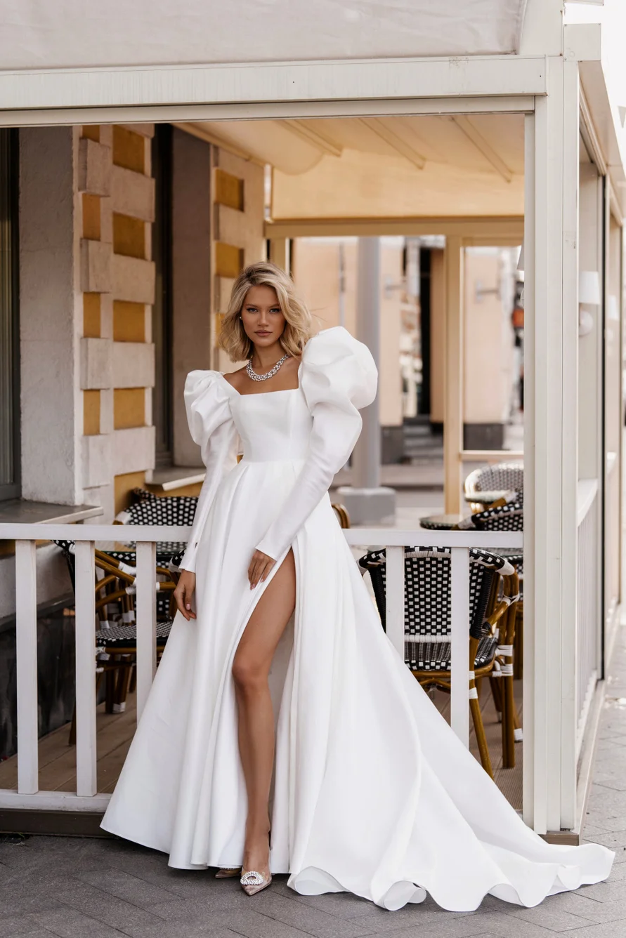 

Customized Pure White Satin Long Puff Sleeves Wedding Dress Modern A-Line Open Back with Side Slit Square Collar for B