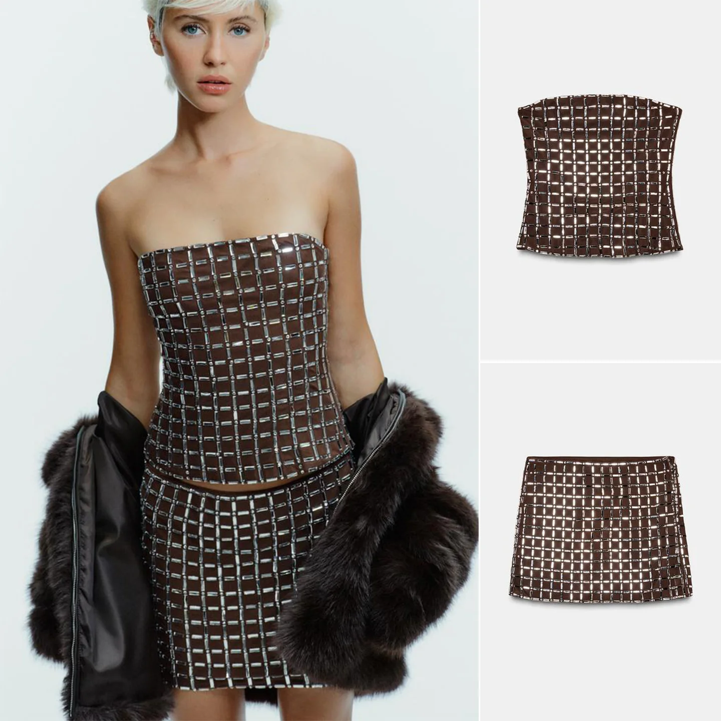 

iny Sequin Me Tube Top And Low Waist Skirt Set Women's Faion Winter Outfit ort Svel orm Sle Cheere...