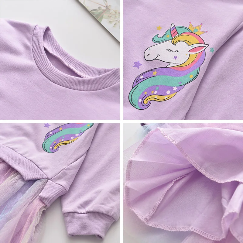 Pakaian Anak Perempuan Kasual Musim Semi Musim Gugur Gaun Tambal Sulam Jaring Gambar Cetak Unicorn Pelangi Lucu untuk Anak-anak Pakaian Sehari-hari Pakaian Anak-anak 3-8Y