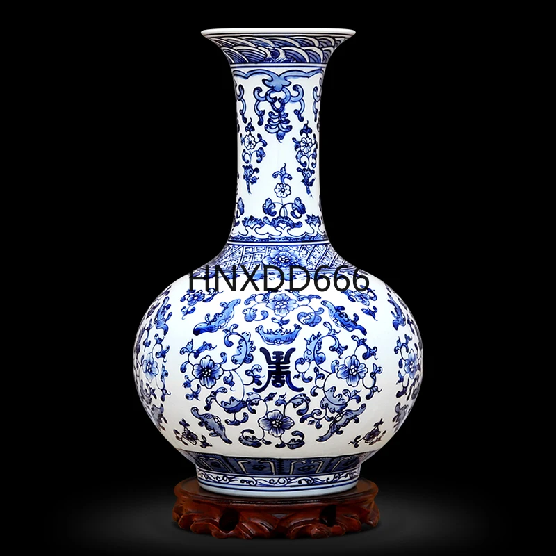 

Antique blue and white porcelain hand-painted longevity vine bottle