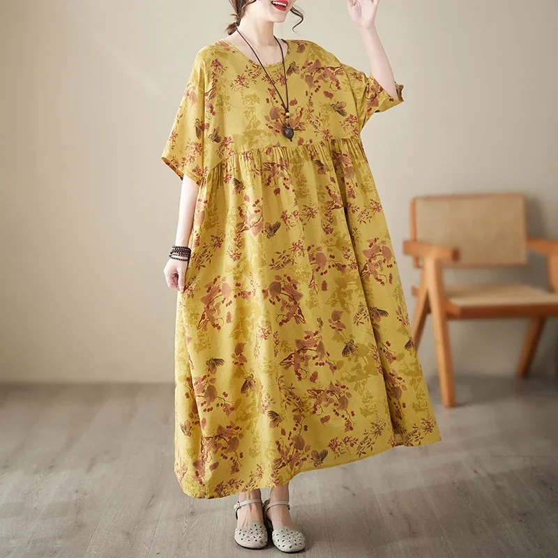 2023 New Arrival Summer Arts Style Women Loose Casual Vintage Print Short Sleeve Dress Cotton O-neck Ankle-length Dresses V307