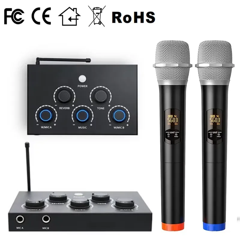 for Karaoke Microphone Mixer System Set UHF Wireless Mic Audio Mixer Home Karaoke System Connect to TV Speaker DVD Player