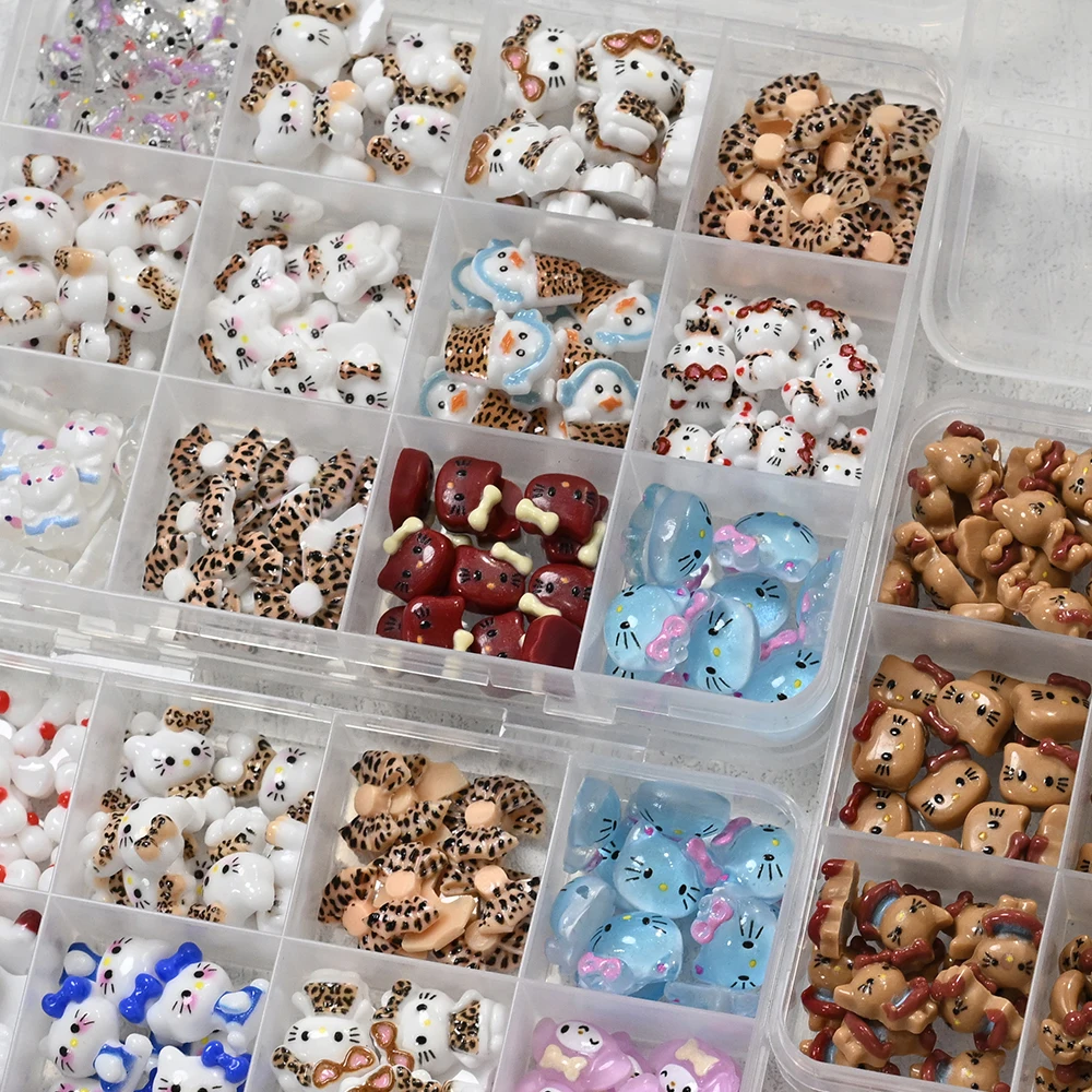 12 شبكة ليوبارد طباعة سلسلة مرحبا كيتي مسمار السحر Kawaii ليوبارد Bowknot نظارات كيتي مسمار الفن حجر الراين الكرتون مسمار أجزاء