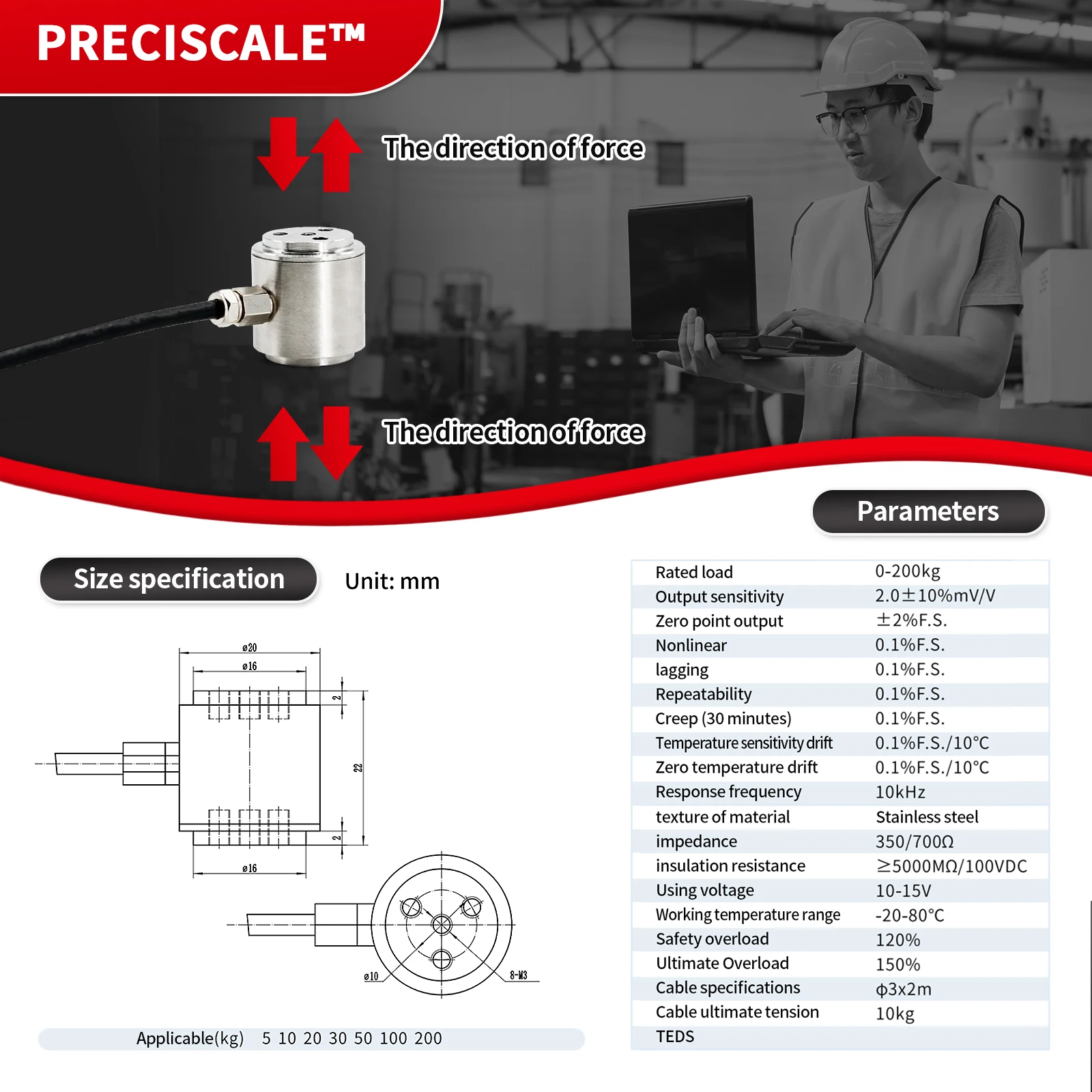 

Micro Column Load Cell Sensor,Test Pressure and Compressive Force for Electronmic Scale,Dynamic Measurement RS232,5KG 10KG 20KG