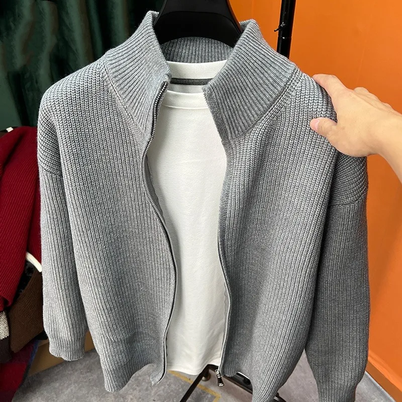 Versatile solid color zipper cardigan men's knitted sweater autumn and winter popular slim fit sweater jacket men's stand up col