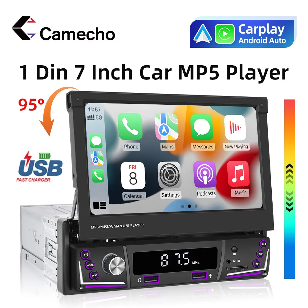 

Camecho 1 Din 7" Retractable Screen Wireless Carplay&Android Auto Car MP5 Multimedia Player Bluetooth FM Mirrorlink Rear Camera