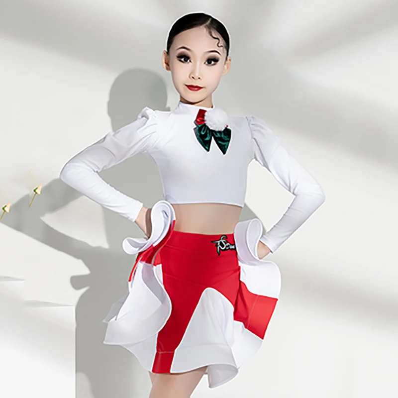 เด็กผู้หญิงชุดฝึกซ้อมเต้นรำละตินมาตรฐานแห่งชาติเสื้อแขนยาวและกระโปรงชุดปาร์ตี้คริสต์มาส