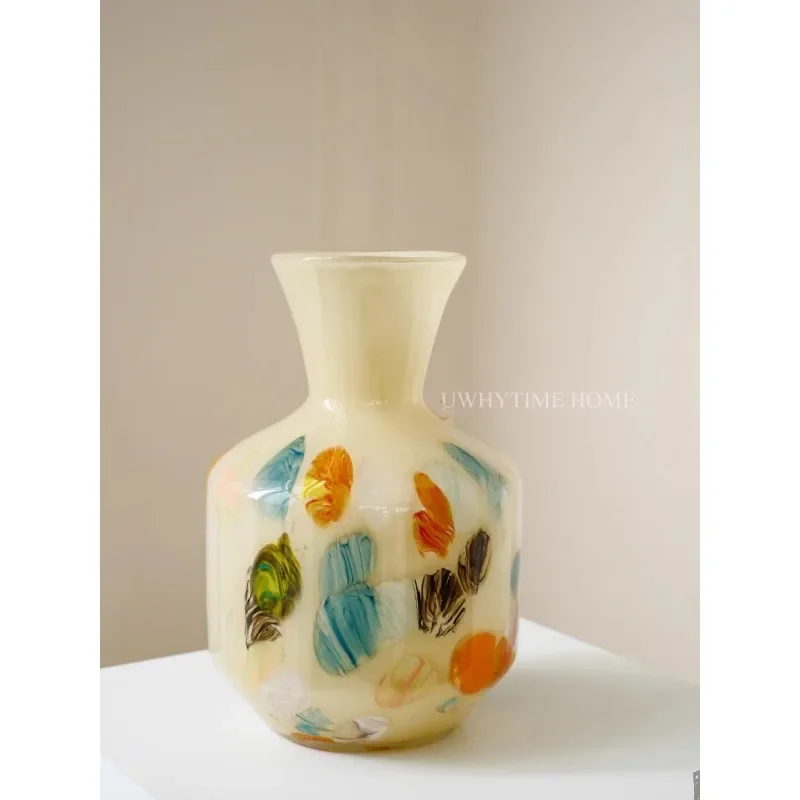 Premium color dot milk yellow handmade antique glazed glass vase flower arrangement ornament