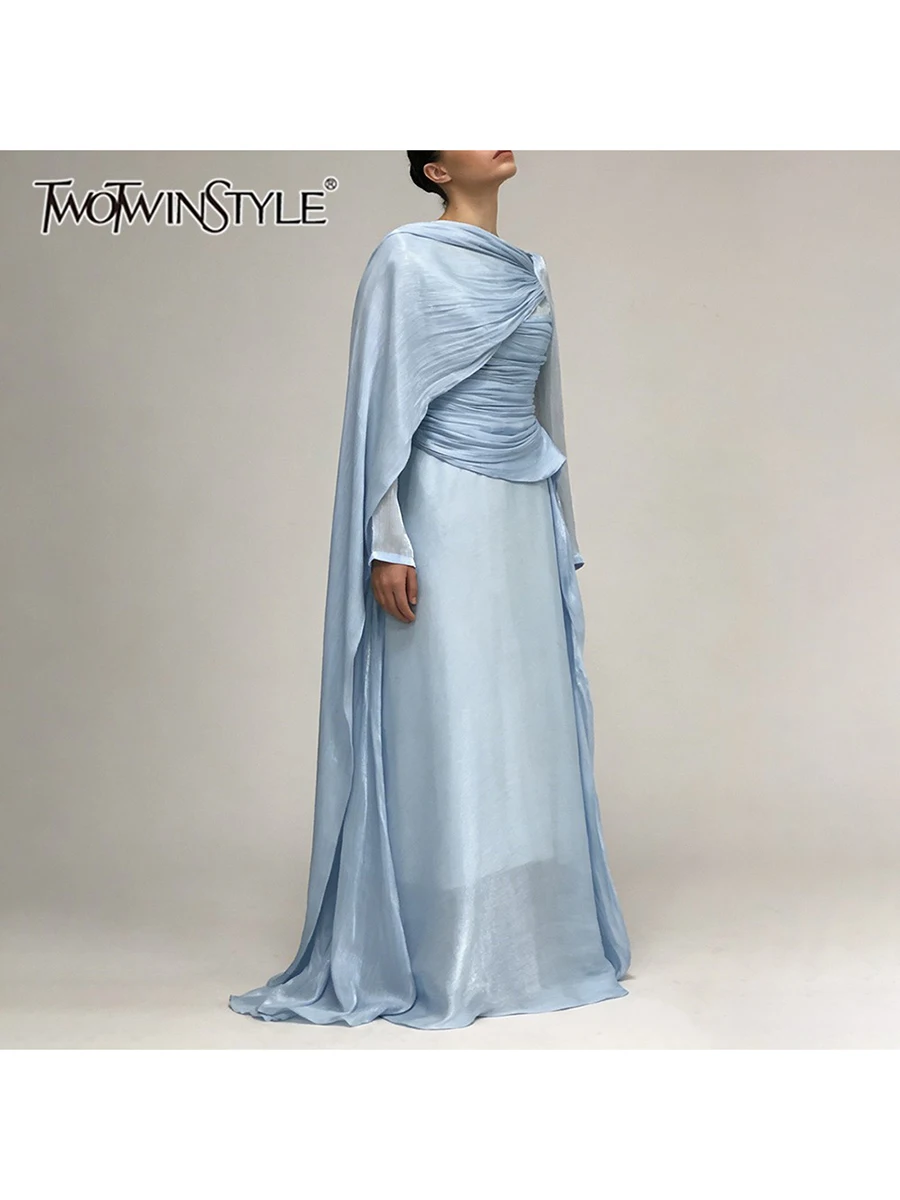 TWOTWINSTYLE Solide Sheer Gespleißt Raffen Elegante Kleider für Frauen Rundhals Lange Ärmel Tunika Patchwork Band Kleid Weibliche