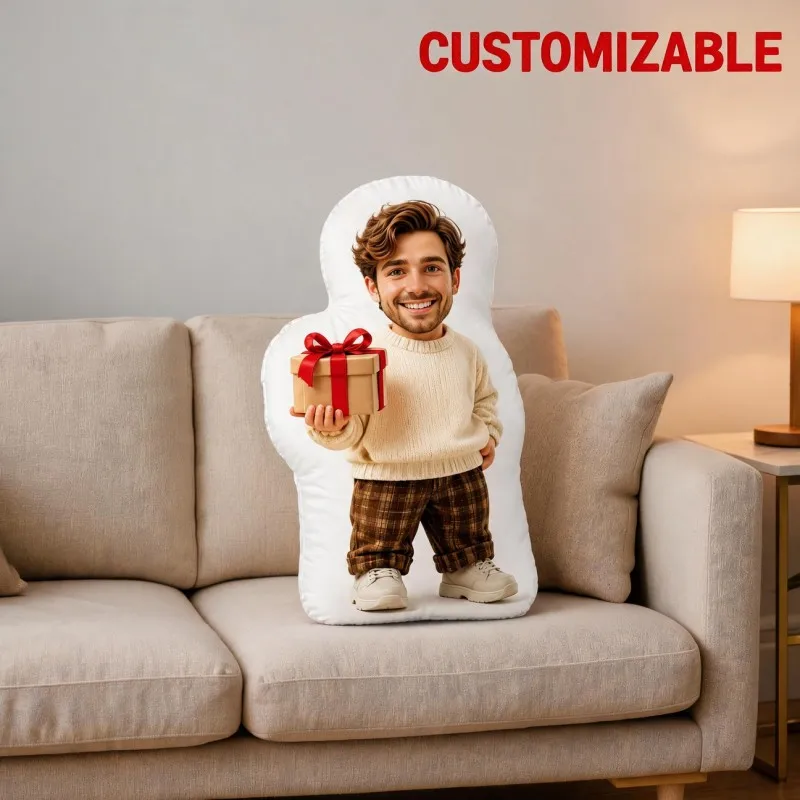 Custom Personalized Photo Shaped Pillow, Smiling for Man Holding Gift Box Custom Face Decorative Cushion, 70cm Home Decor Accent