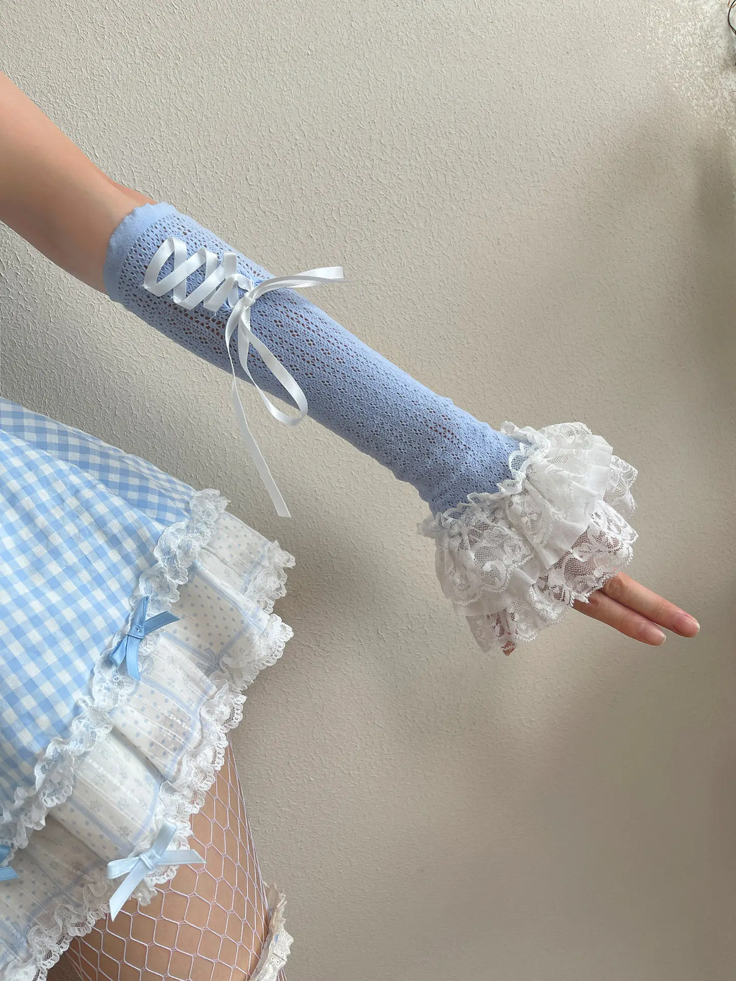 Original Cute Lace-up Bow Lolita Oversleeve Three Layers Ruffles Lace White Hand Sleeves Subculture Summer Sunscreen Arm Warmer