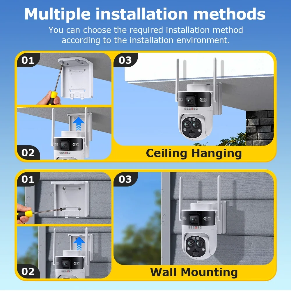 SECTEC HD 3Lens Dual Screen Viewing 4G GSM Solar Camera 15X Zoom PTZ Rotate IP65 Outdoor Camera Human Detection CCTV IP Camera
