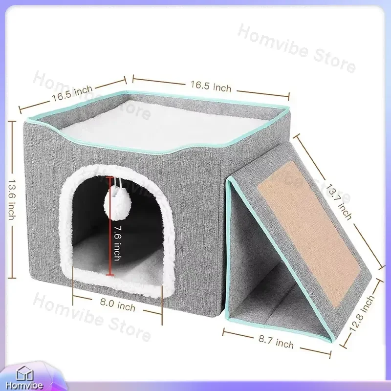 

Large Square Foldable Cat Bed Indoor Pet Nest with Canopy Pine Ball Hanging Scratch Pad for Cats Sleeping Comfortable Cozy