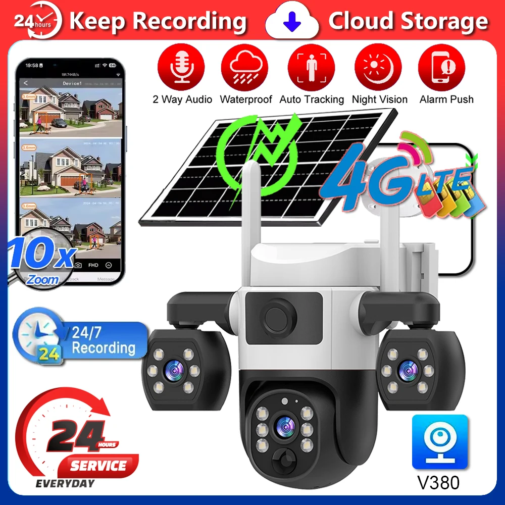 

4G Solar Camera Free Trial LTE SIM Card Smart Home Security Protection Cameras 3 Lens Remote Rotation CCTV Surveillance Monitor