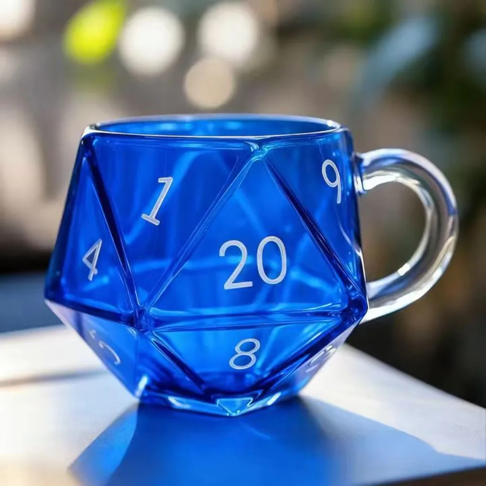 Transparenter Glas-Regenbogen-D20-Würfelbecher mit Griff, polyedrische Würfel mit Fantasy-Thema, Kaffeetasse, Spieltasse für RPG-Liebhaber