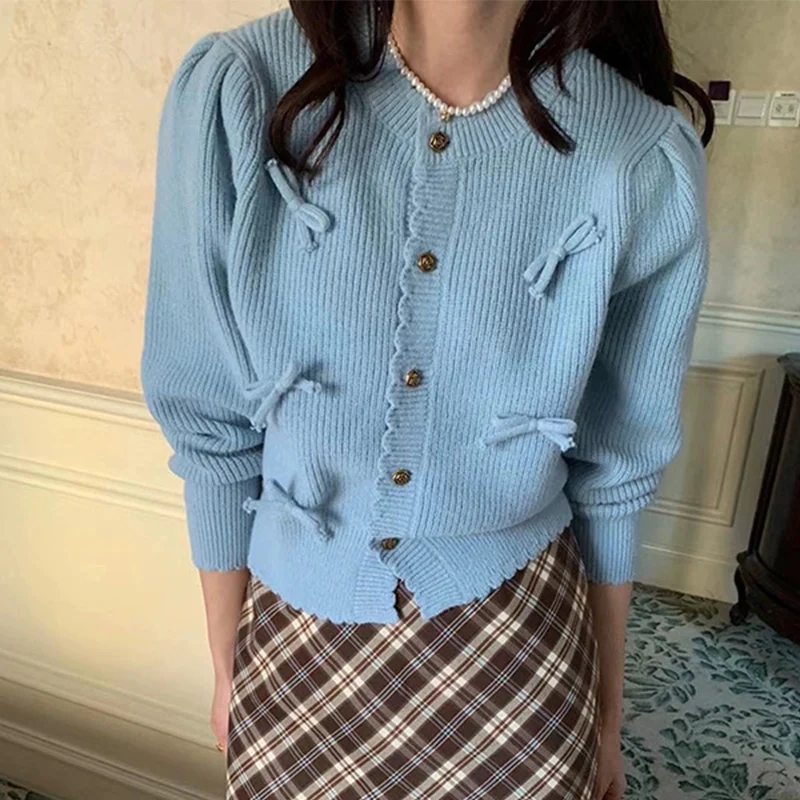 

Милый свитер с бантом и круглым вырезом, пальто, женский осенний однобортный вязаный кардиган с длинными рукавами, однотонные повседневные удобные топы