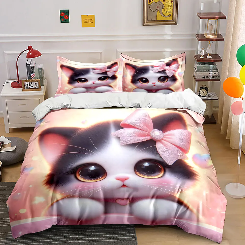 Cute cat ears with pink bow Duvet Cover Set with 3D Printing Design Soft Polyester Bedding Set All-Season Comfort Luxury gifts