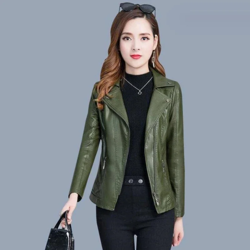 Spring Autumn 2023 Women Leather Jackets 5XL Army Green Faux Leather Coat Female Leather Clothing Casual Outerwear