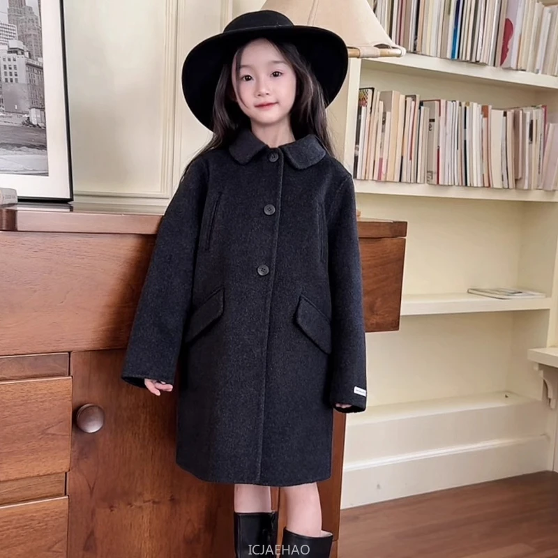 2025 Teen Girl Clothes Children Wool Double Faced Girls Coat Costume Handmade Black Outfit Matching Winter Elegant Outerwear