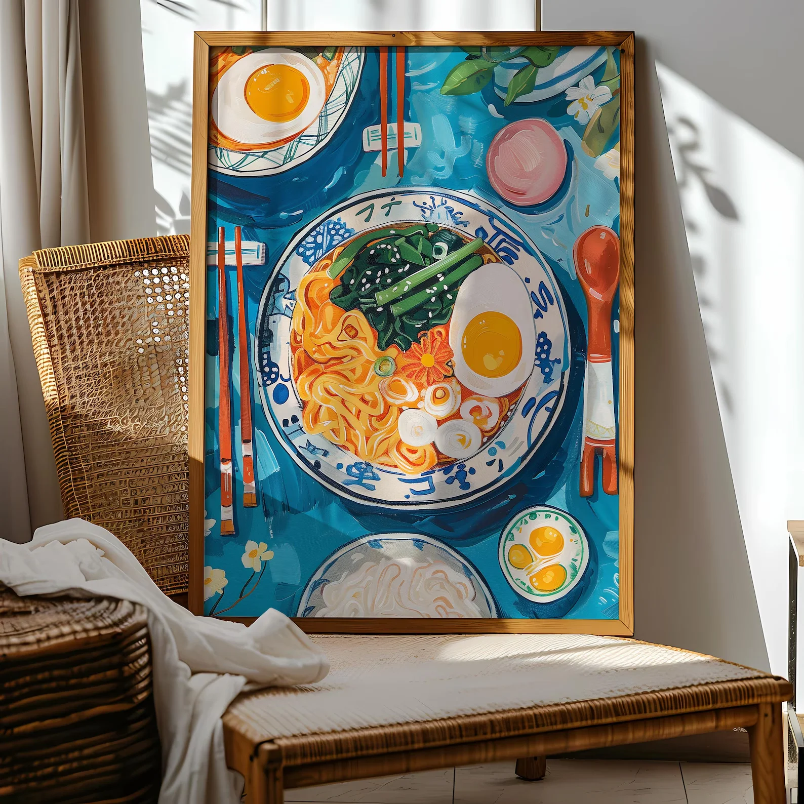 تنزيل طباعة رامين لذيذ، ملصق فني مطبخ ياباني قابل للطباعة، طعام مسطح في الطاولة، ديكور مطبوع أزرق لطيف، وا آسيوية #3